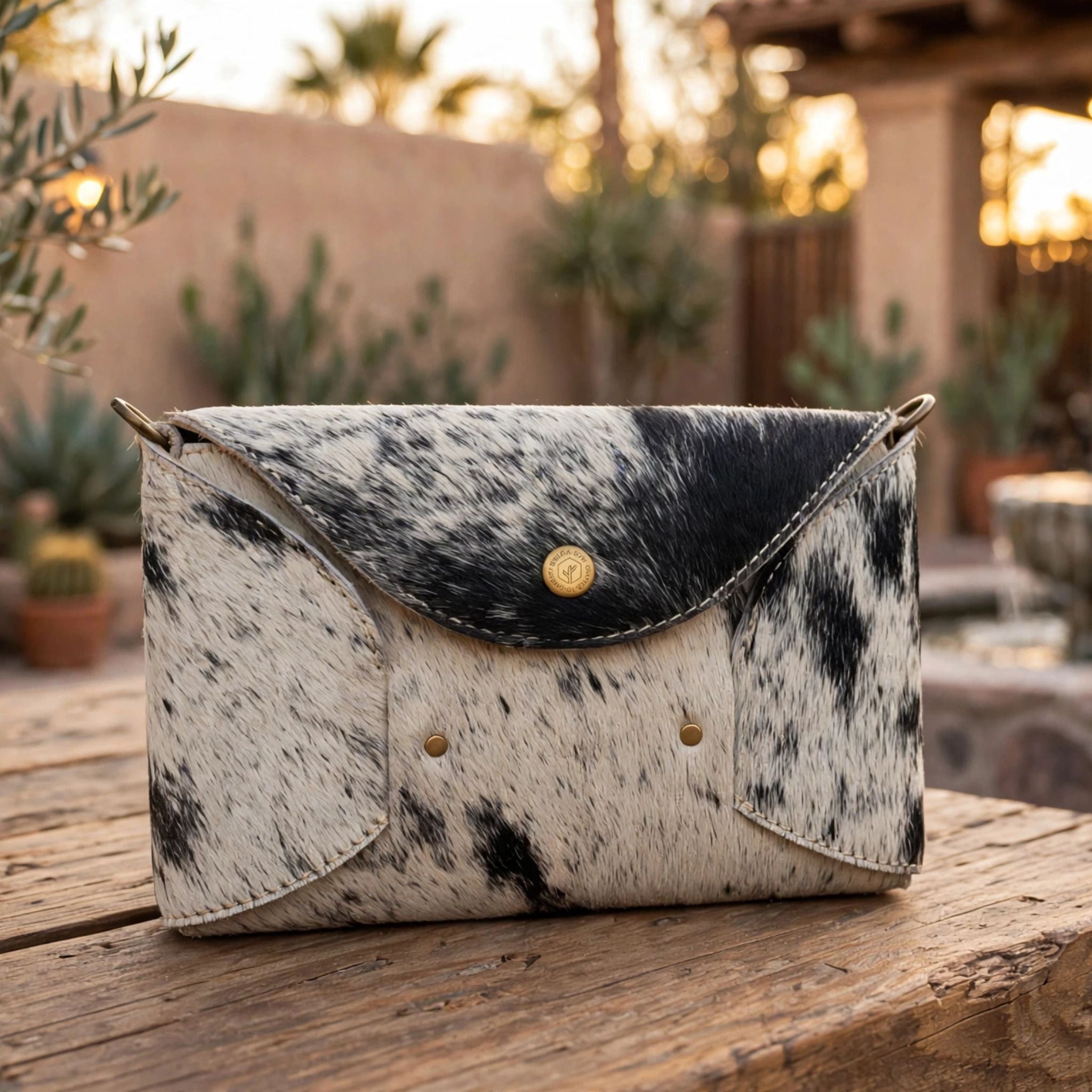 Oak & Elk PALOMA cowhide crossbody bag on a rustic wood table at golden hour, desert garden and fountain in background