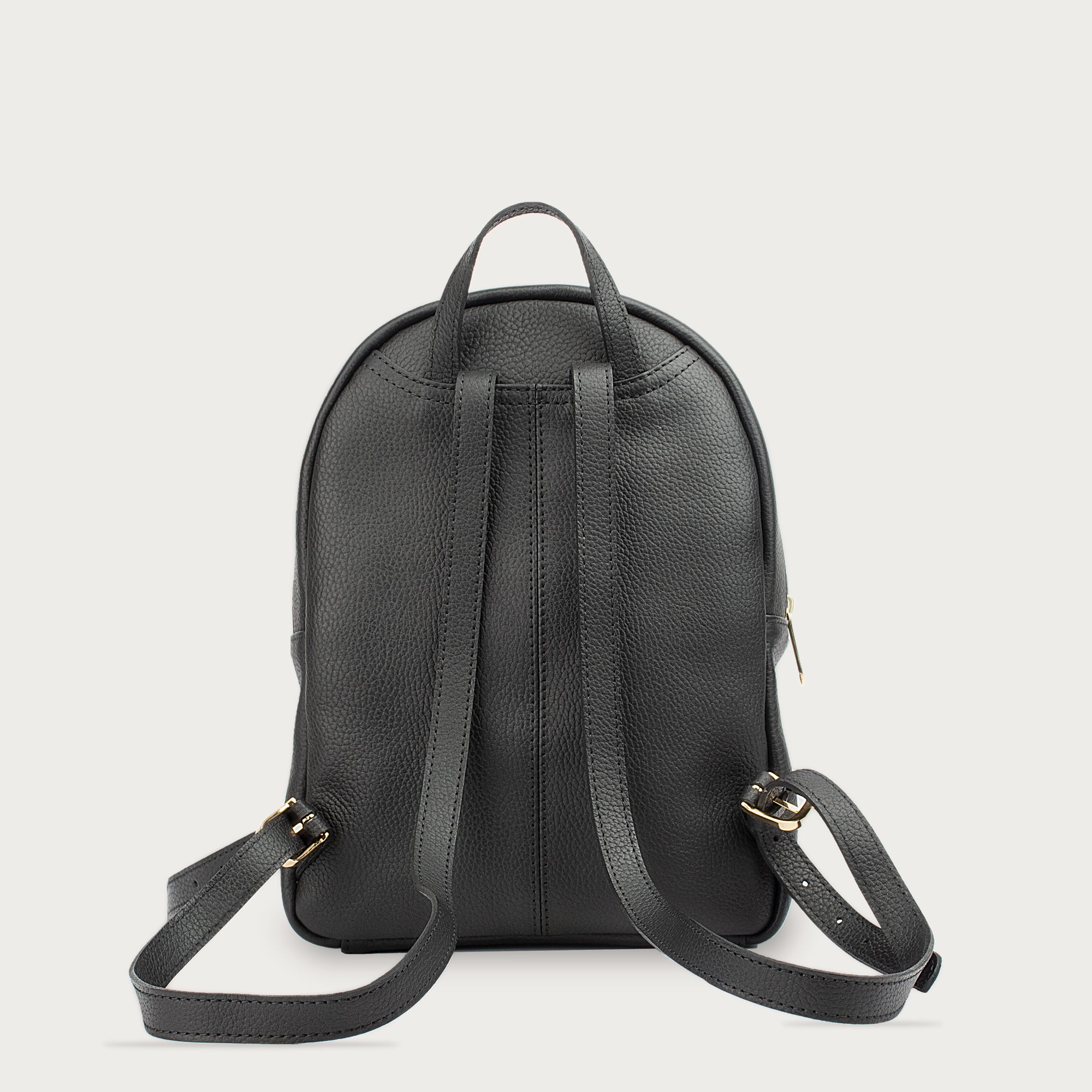 Leather backpack with smooth finish, adjustable straps, front zipper pocket, and gold hardware – Emma by OAK & ELK.