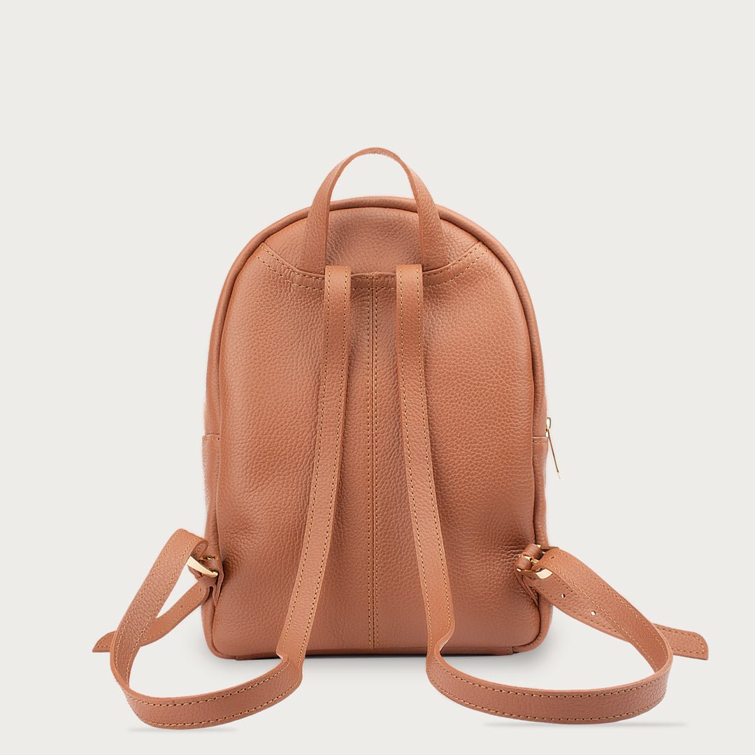 Leather backpack with smooth finish, adjustable straps, front zipper pocket, and gold hardware – Emma by OAK & ELK.