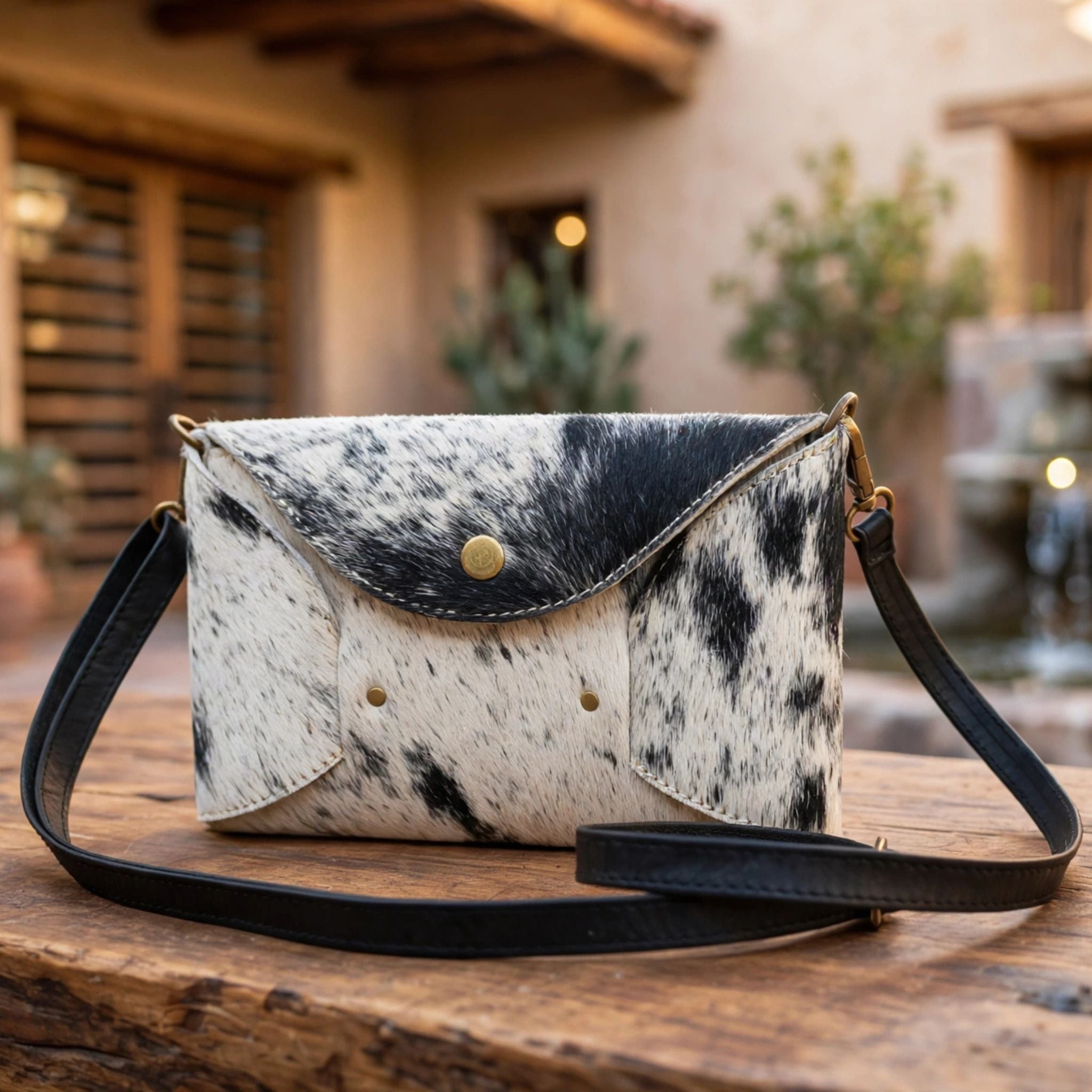 Oak & Elk hair-on-hide cowhide crossbody bag with black leather strap, sitting on a rustic wood table in a hacienda courtyard