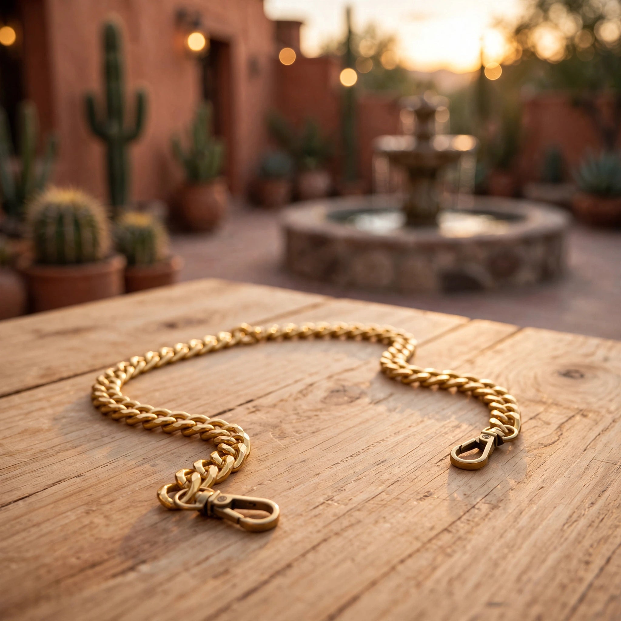 Gold chain strap for Oak & Elk PALOMA cowhide crossbody bag laid flat on rustic wood table, desert courtyard with cactus and stone fountain in background at golden hour