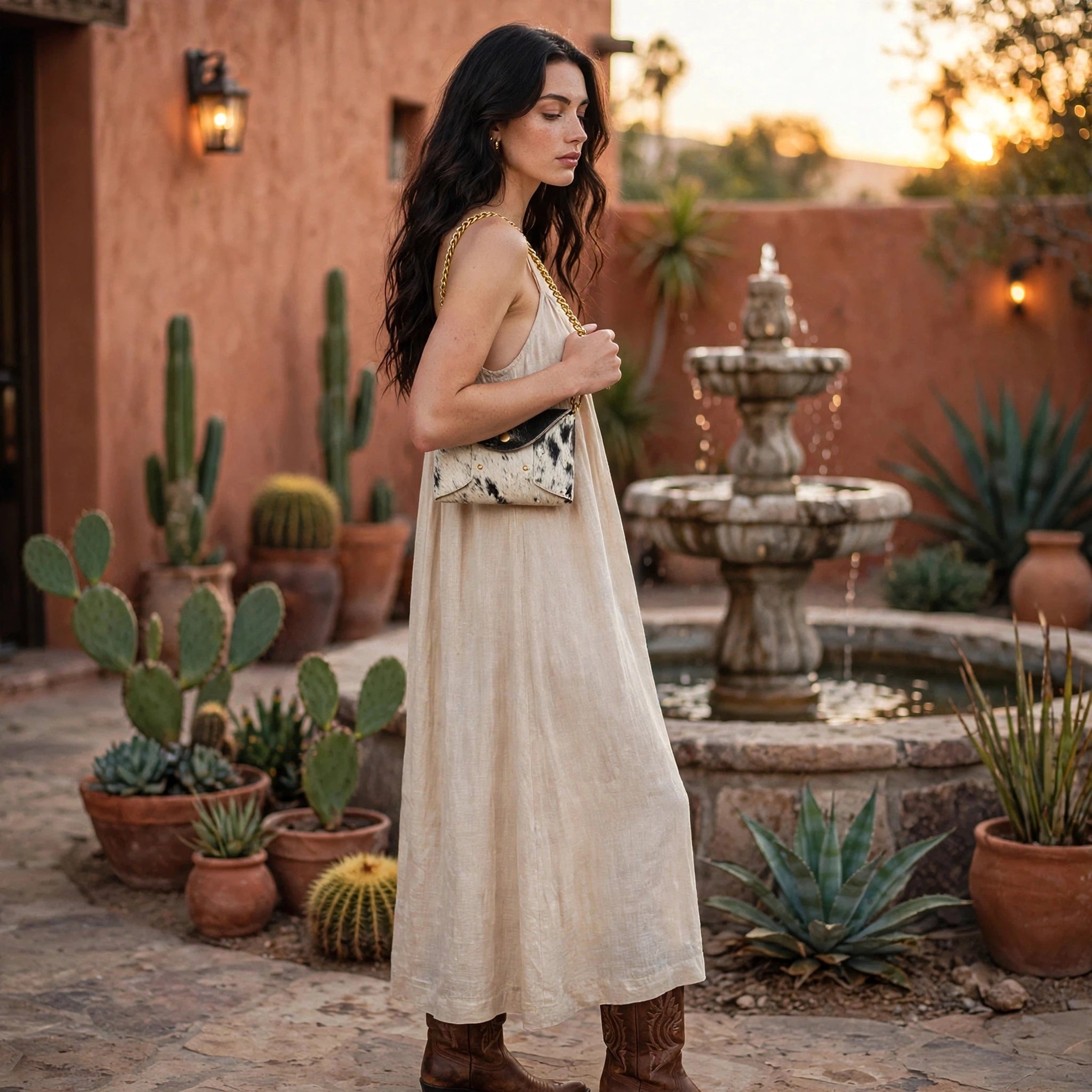 Woman in beige linen dress and brown cowboy boots wearing Oak & Elk PALOMA cowhide crossbody bag with gold chain strap, desert courtyard with stone fountain and cactus garden