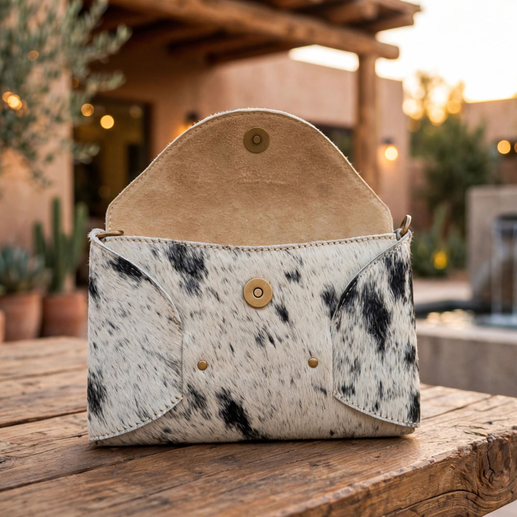 Oak & Elk PALOMA cowhide crossbody bag open on rustic wood table at sunset, showing natural tan suede interior lining and antique brass magnetic snap closure